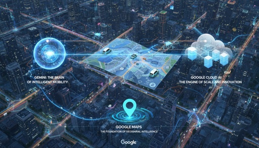 image describing deep learning analytics in mobility, with a map on the centre, intersecting roads below